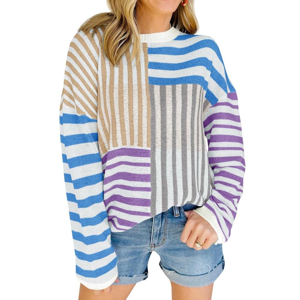 New Medium Oversized, Crewneck, Loose Knit Pullover Striped Color Block Sweater